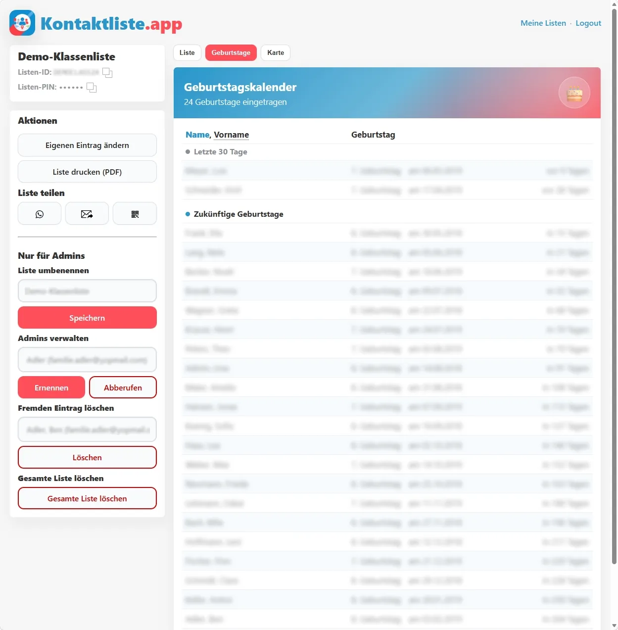 Screenshot zum Bearbeiten eines Eintrags in der digitalen Gruppenliste