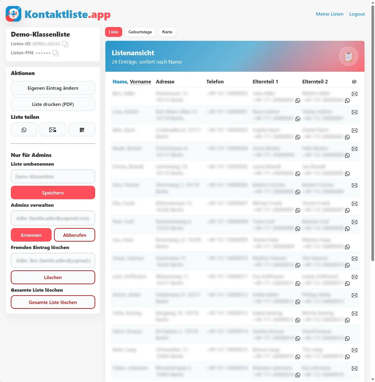 Digitale Gruppenliste mit Kontaktdaten, Aktionen und Kartenansicht